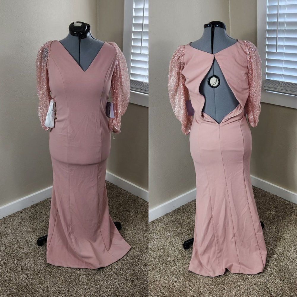 JS COLLECTIONS Beaded Illusion Sleeve Trumpet Gown In Blush NWT Size 4